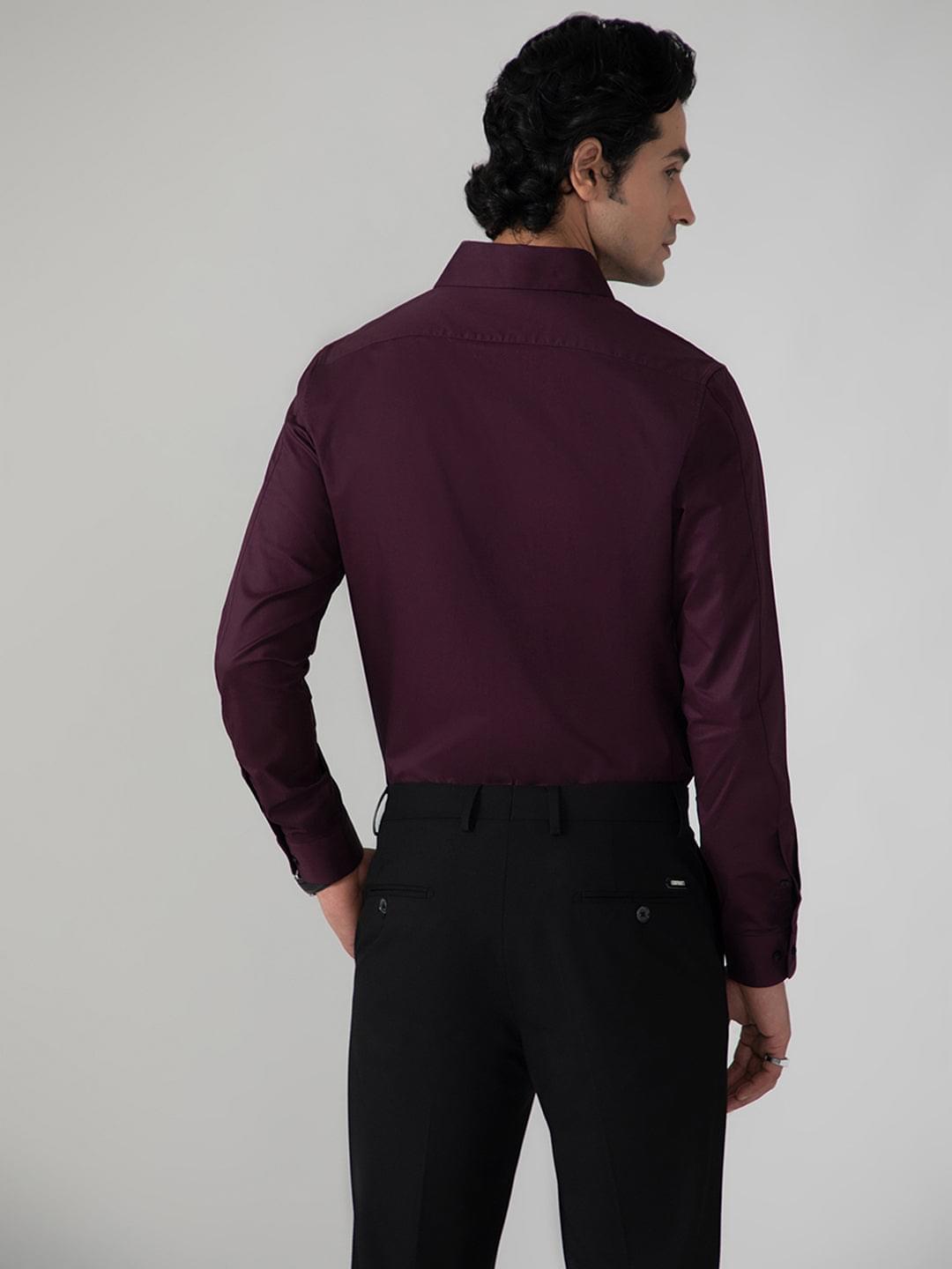 2 Way Stretch Satin Shirt in Wine- Slim Fit