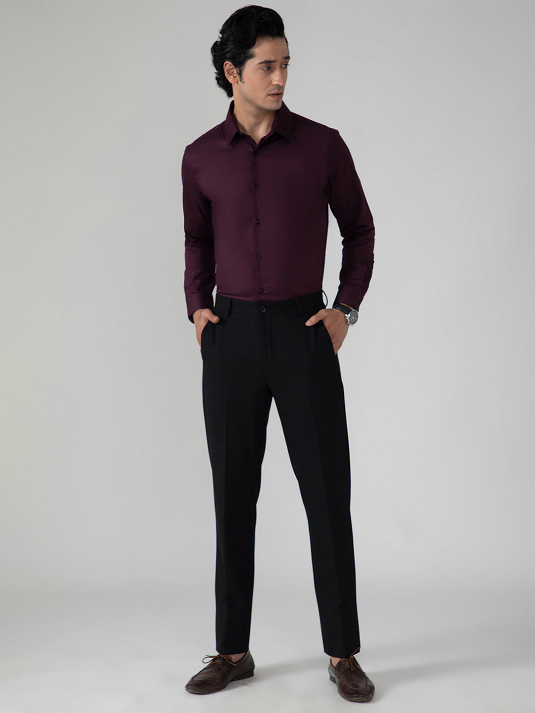 2 Way Stretch Satin Shirt in Wine- Slim Fit