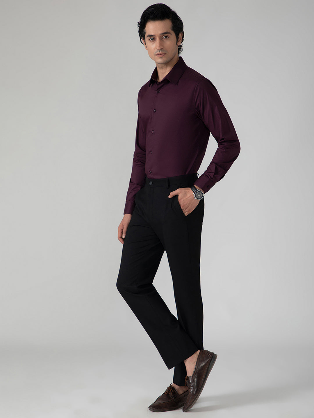 2 Way Stretch Satin Shirt in Wine- Slim Fit