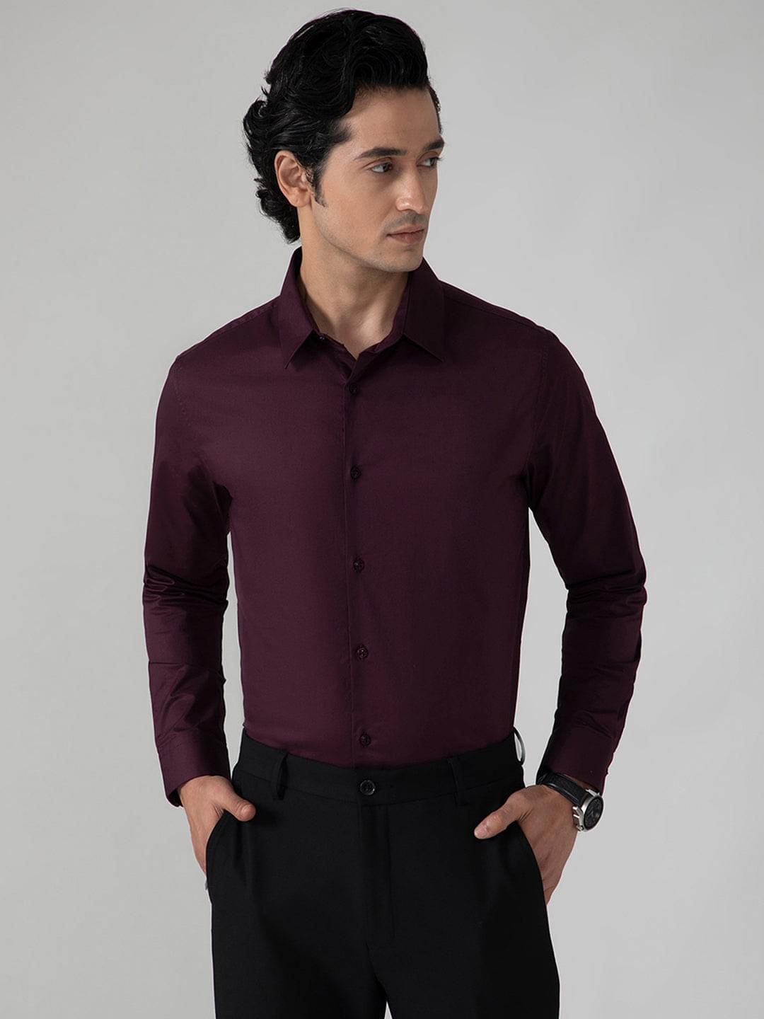 2 Way Stretch Satin Shirt in Wine- Slim Fit