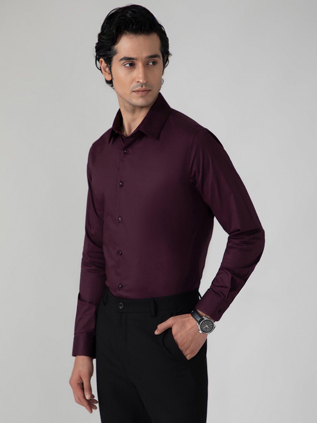 2 Way Stretch Satin Shirt in Wine- Slim Fit