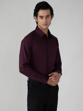 2 Way Stretch Satin Shirt in Wine- Slim Fit