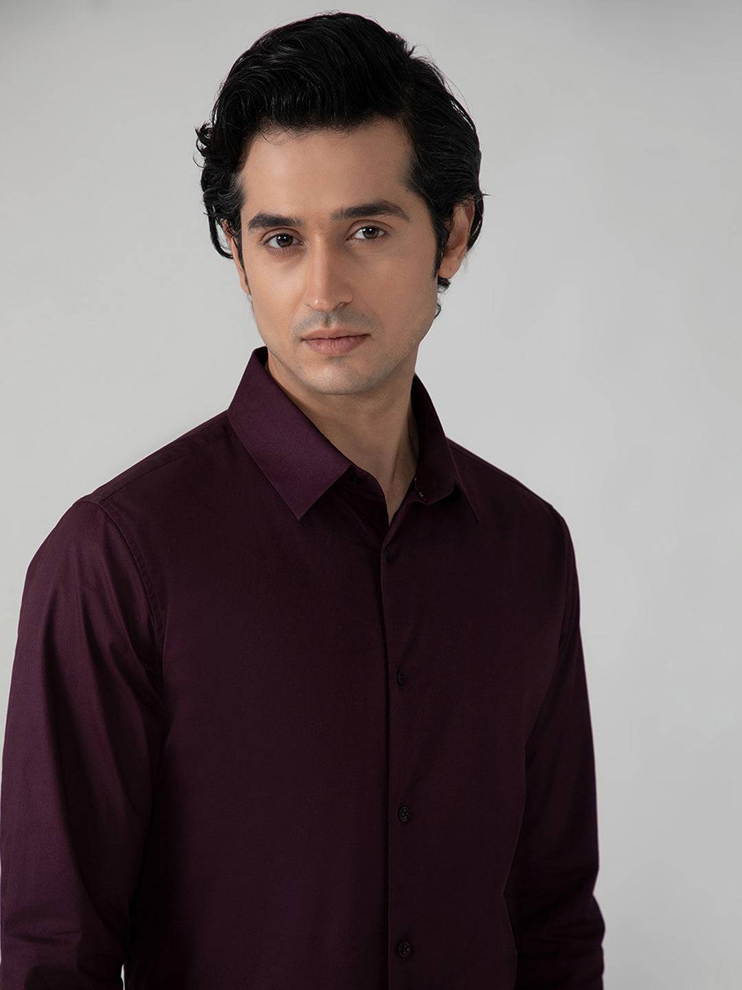 2 Way Stretch Satin Shirt in Wine- Slim Fit