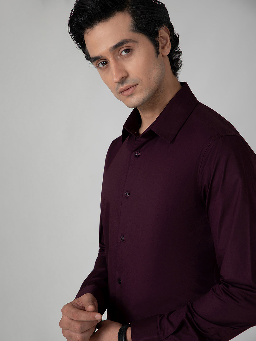 2 Way Stretch Satin Shirt in Wine- Slim Fit