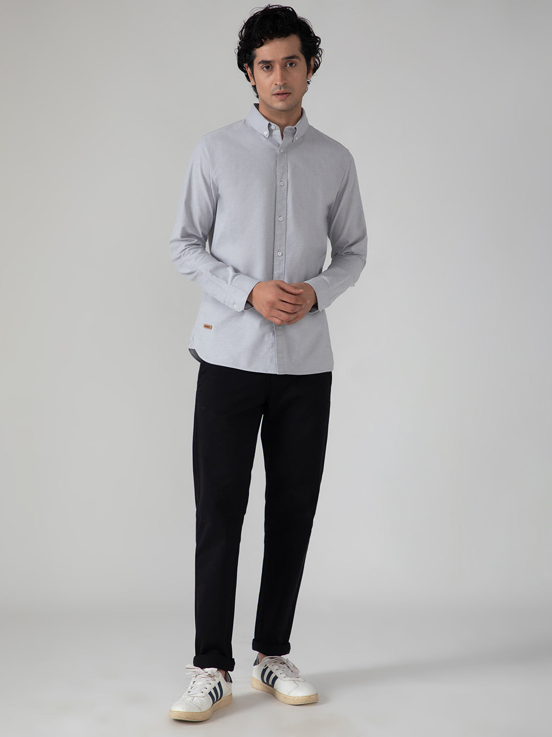 2 Way Stretch Oxford Shirt in Light Grey- Slim Fit