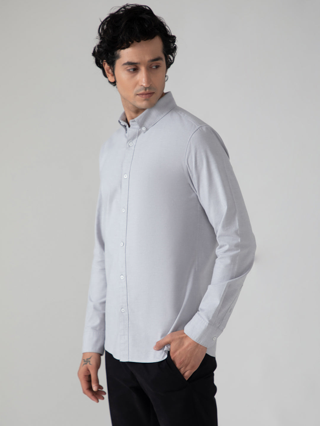2 Way Stretch Oxford Shirt in Light Grey- Slim Fit
