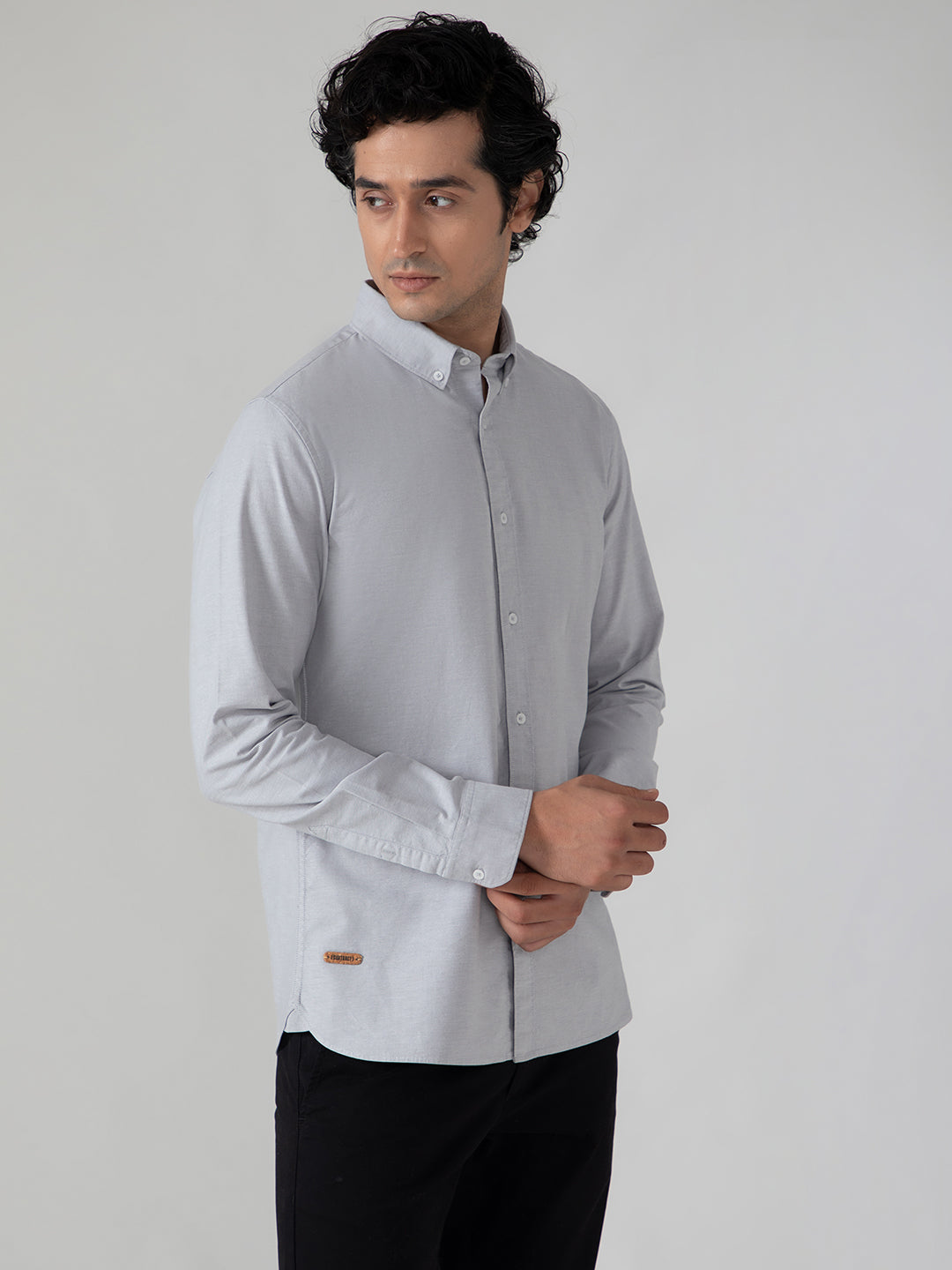 2 Way Stretch Oxford Shirt in Light Grey- Slim Fit