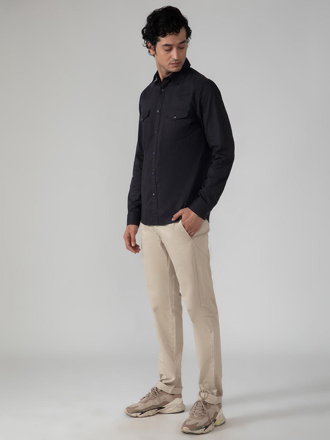 Double Pocket Cargo Shirt in Raven Black- Comfort Fit