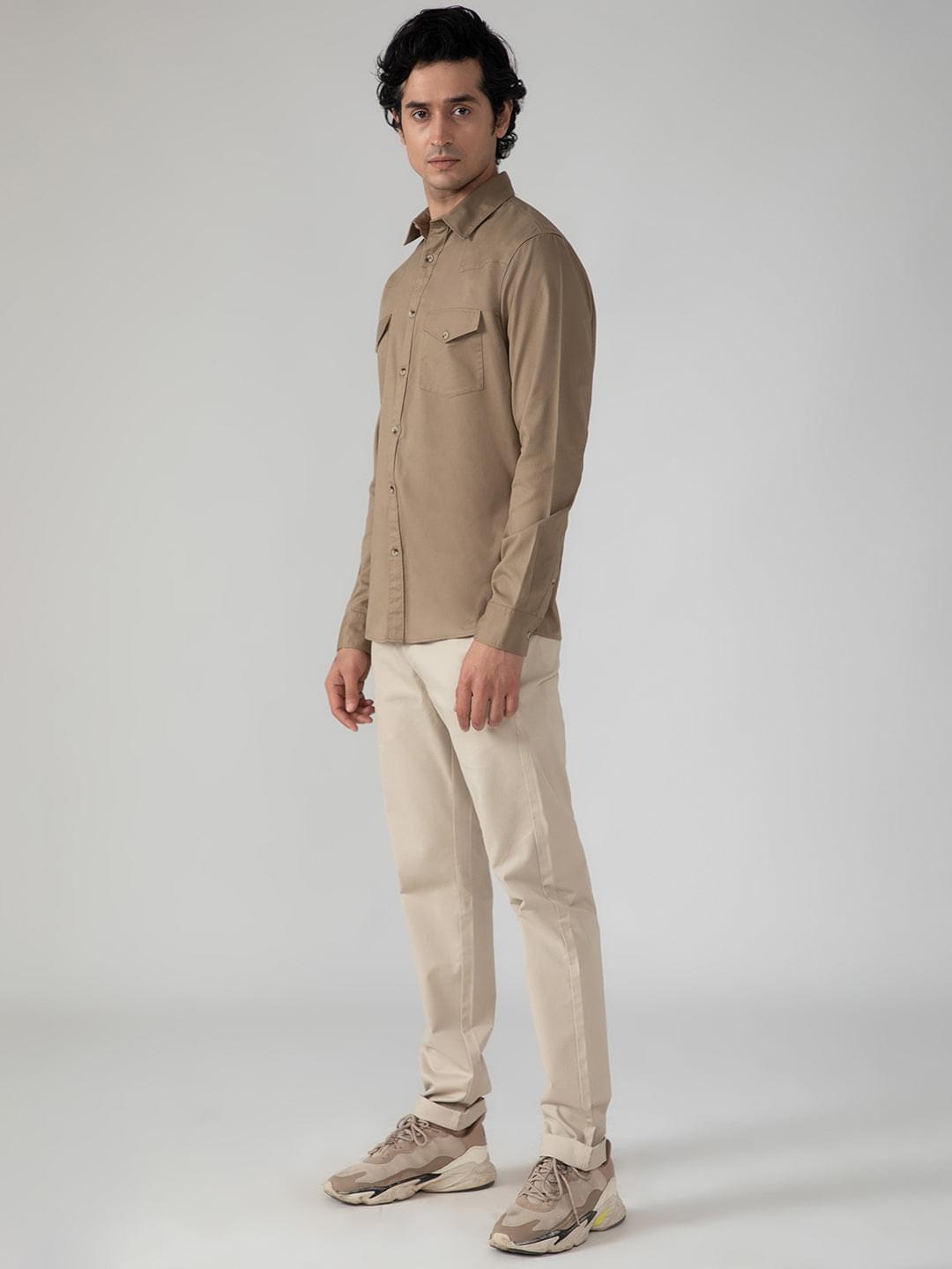 Double Pocket Cargo Shirt in Khaki- Comfort Fit