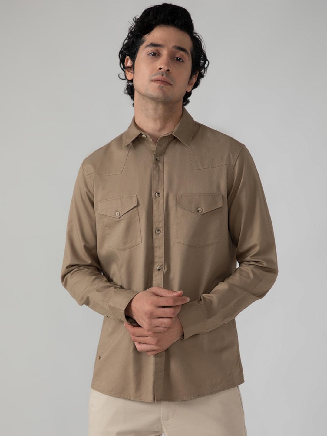 Double Pocket Cargo Shirt in Khaki- Comfort Fit