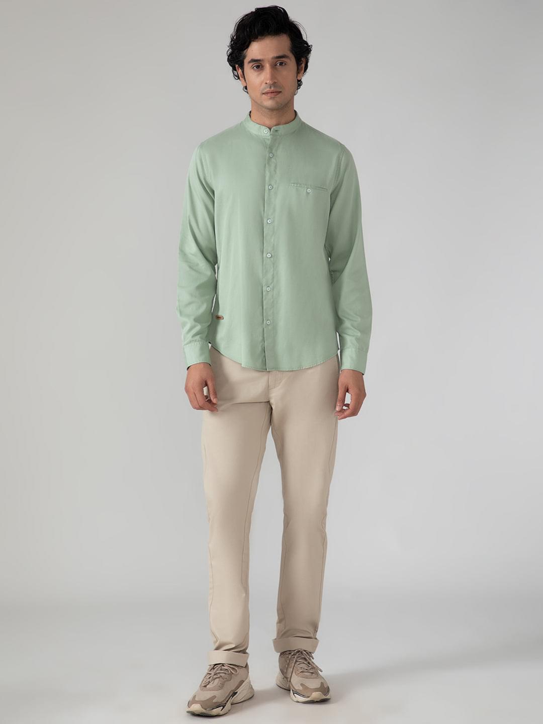 Cotton Tencel Shirt in Mint Green- Slim Fit