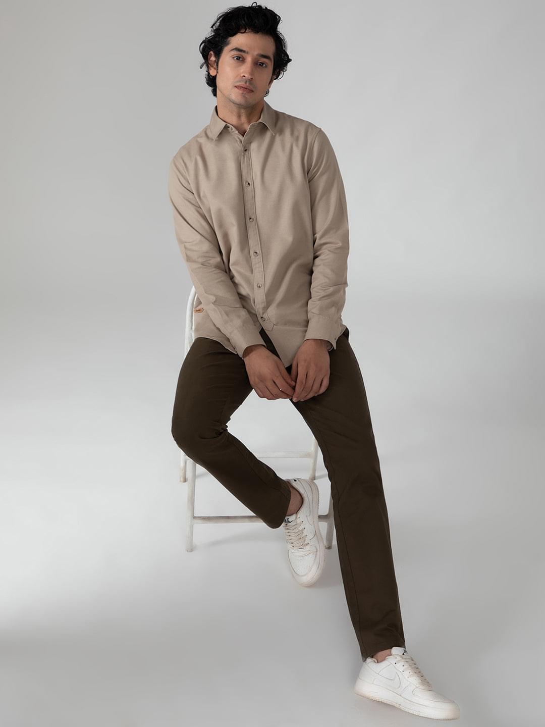 Lightweight Cotton Linen Shirt in Khaki- Comfort Fit