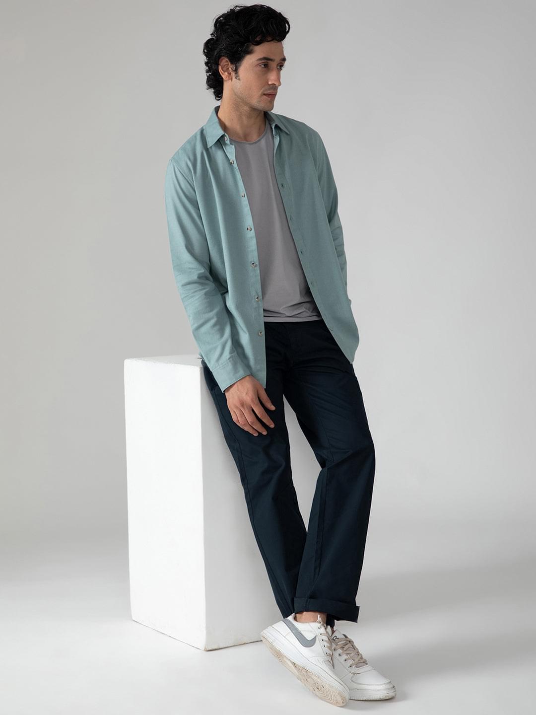 Lightweight Cotton Linen Shirt in Sea Green- Comfort Fit