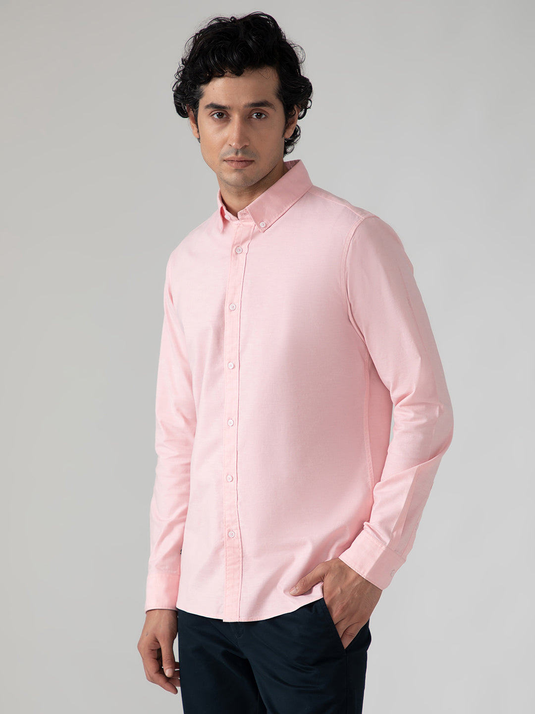 2 Way Stretch Oxford Shirt in Salmon Pink- Slim Fit