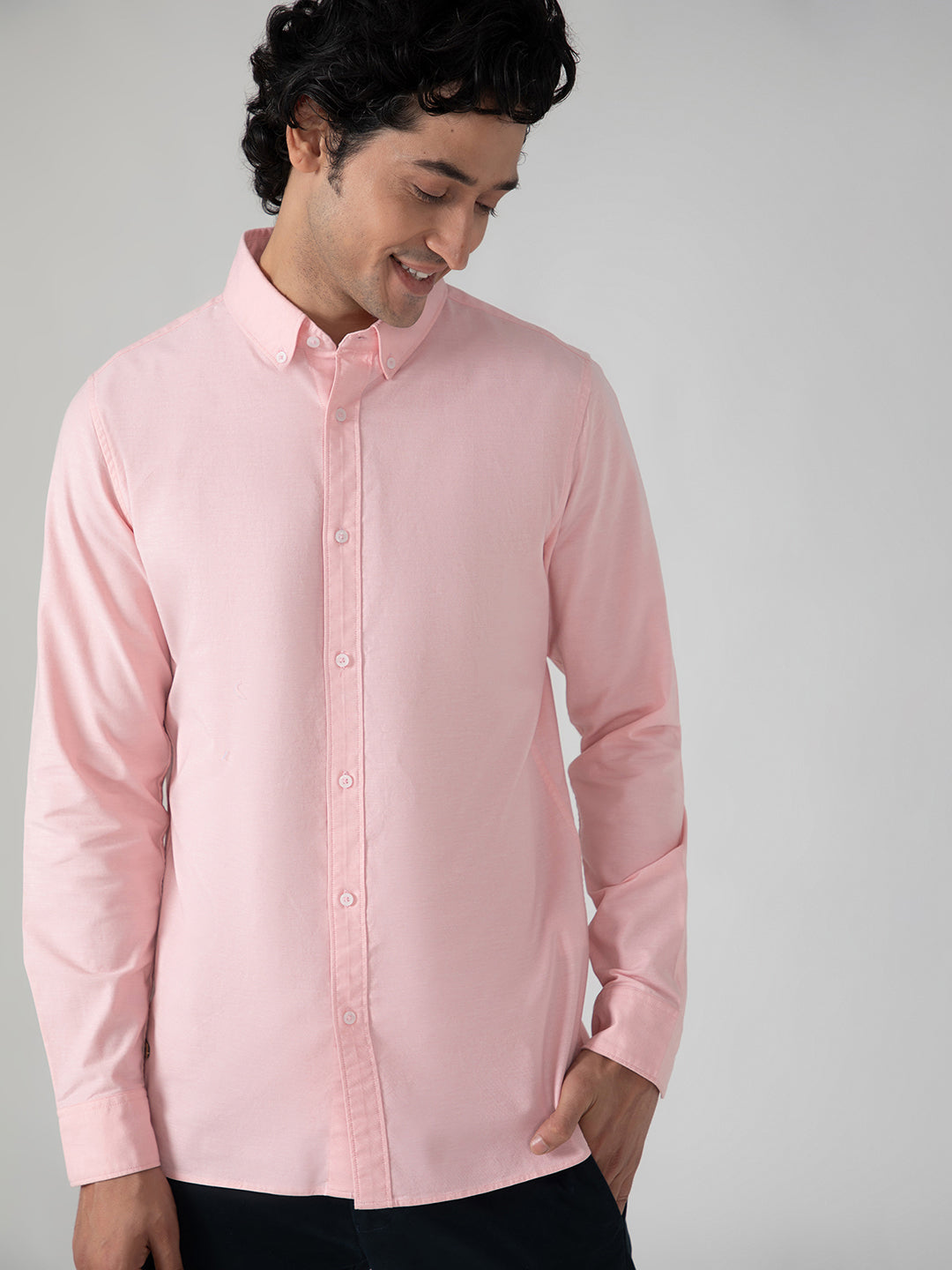 2 Way Stretch Oxford Shirt in Salmon Pink- Slim Fit