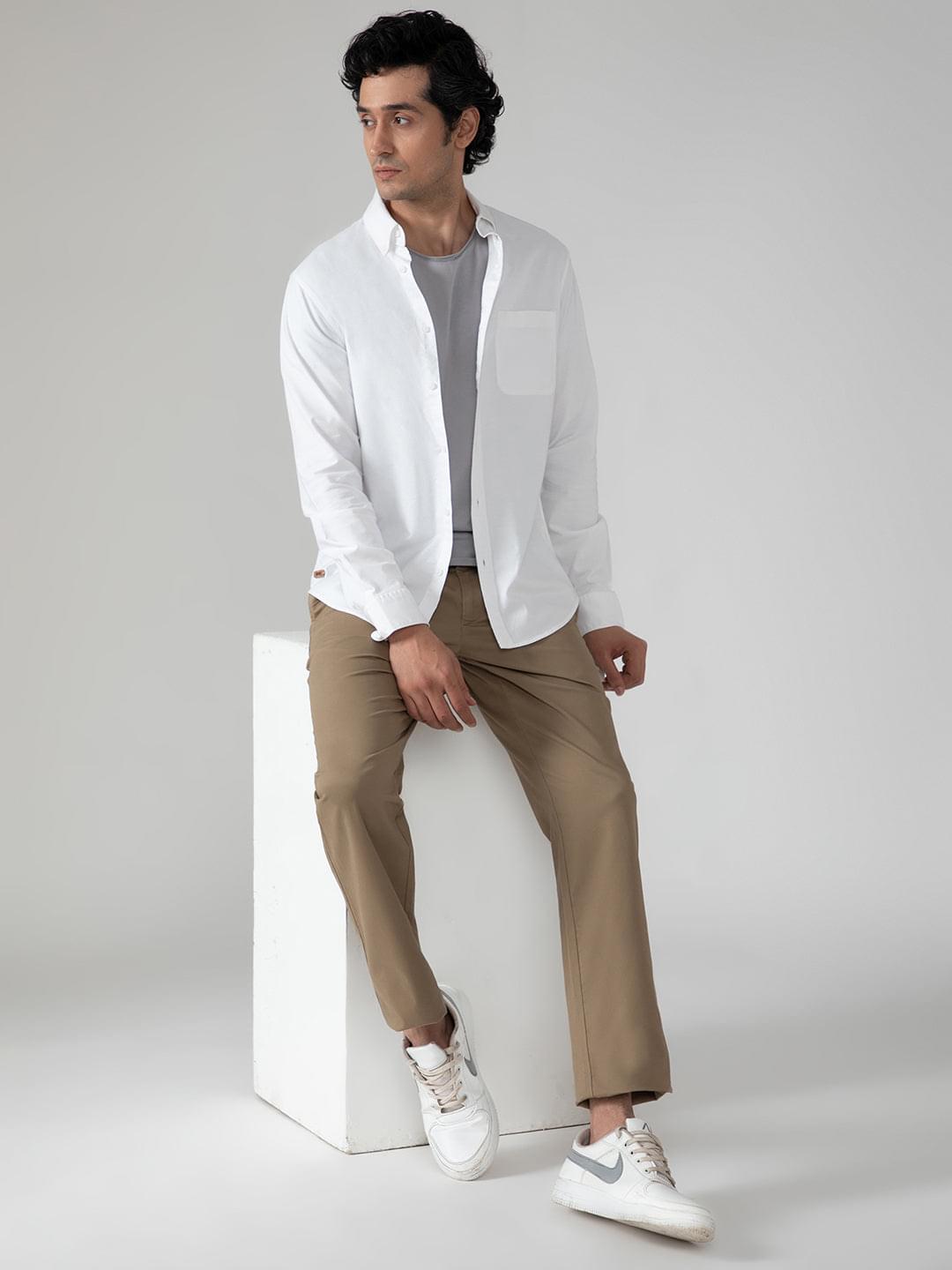 2 Way Stretch Oxford Shirt in White- Comfort Fit