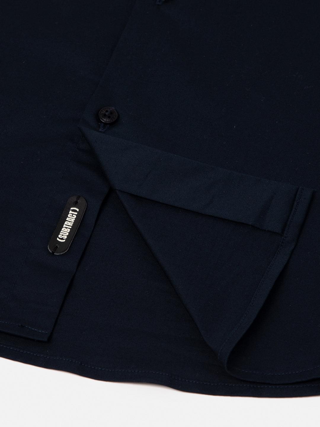 2 Way Stretch Satin Shirt in Midnight Blue- Slim Fit