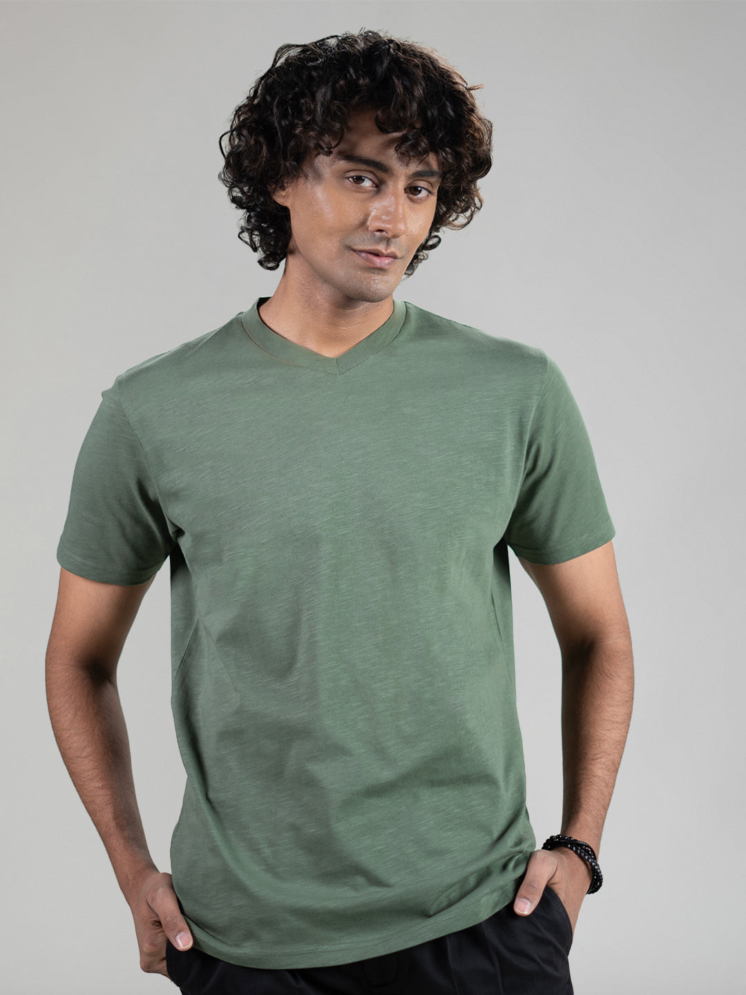 Slub V-neck T-shirt in Sage Green