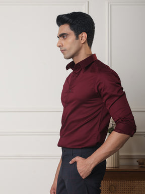2 Way Stretch Satin Shirt in Maroon