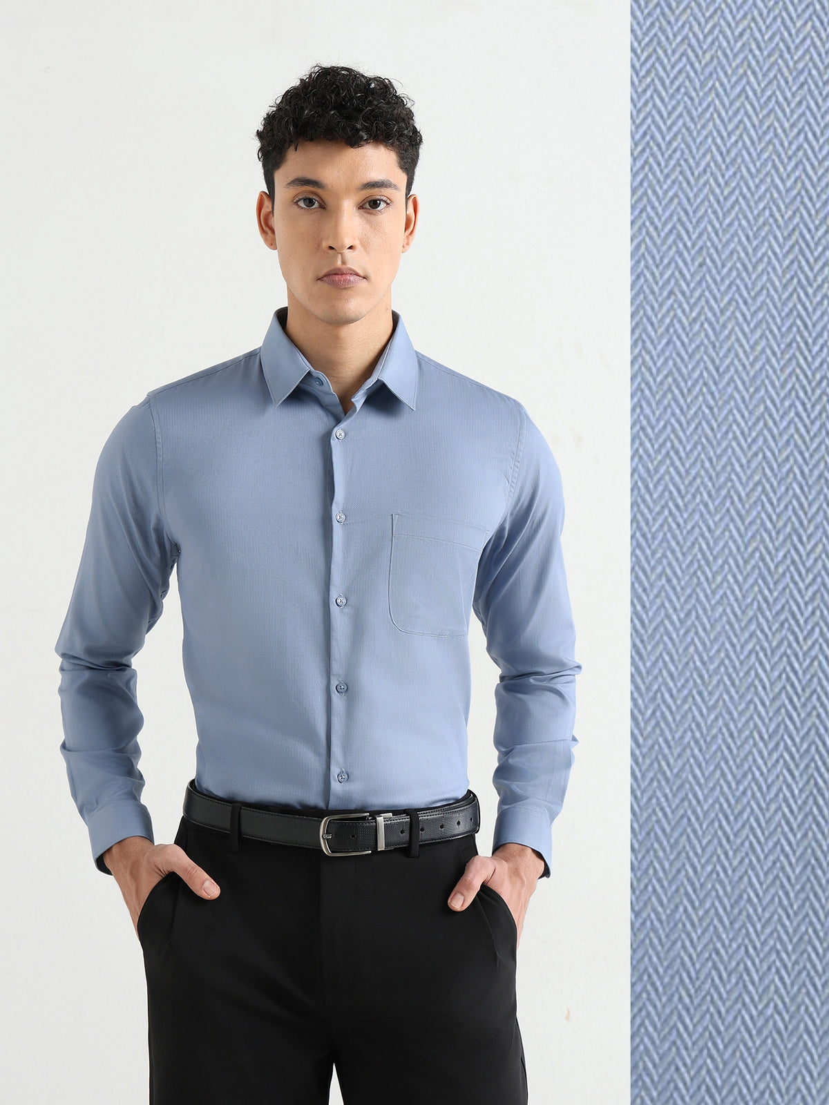 Herringbone Easy-Iron Formal Shirt in Steel Blue