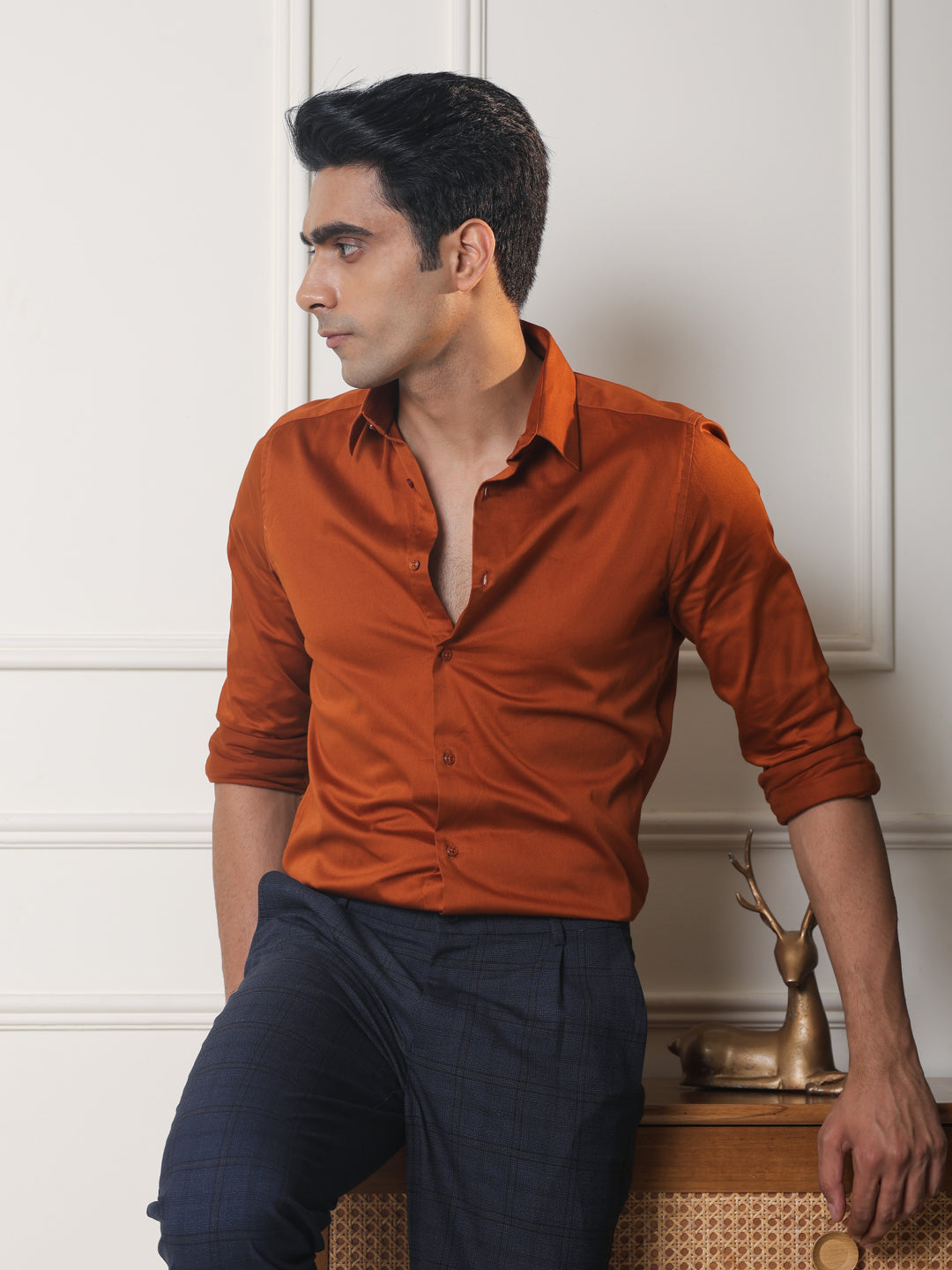 2 Way Stretch Satin Shirt in Copper