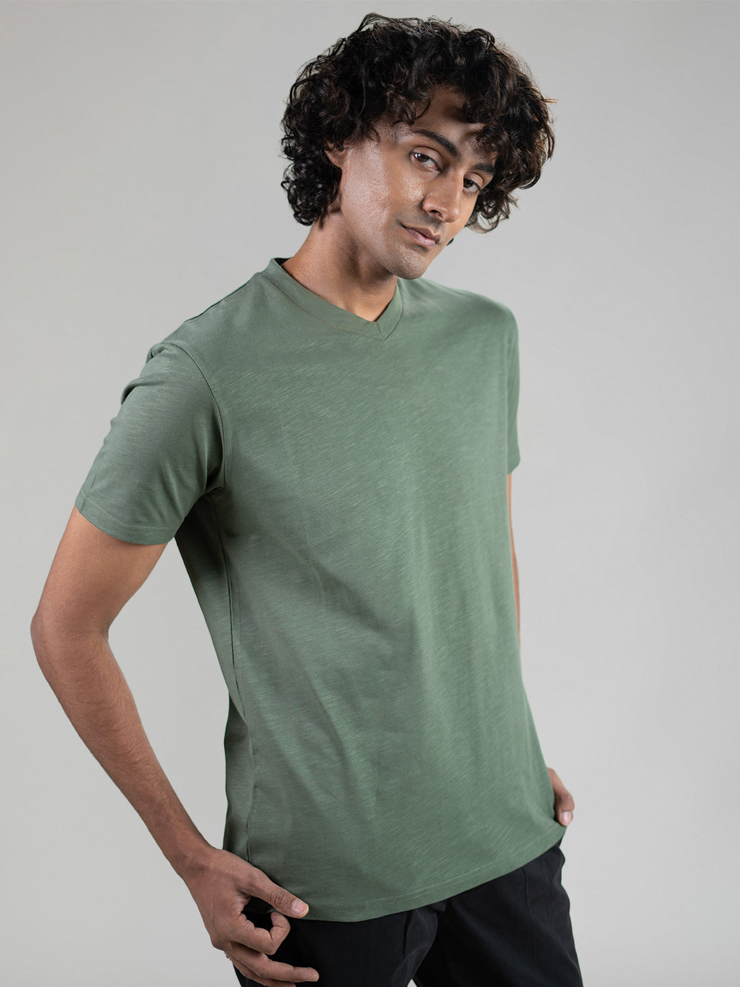 Slub V-neck T-shirt in Sage Green