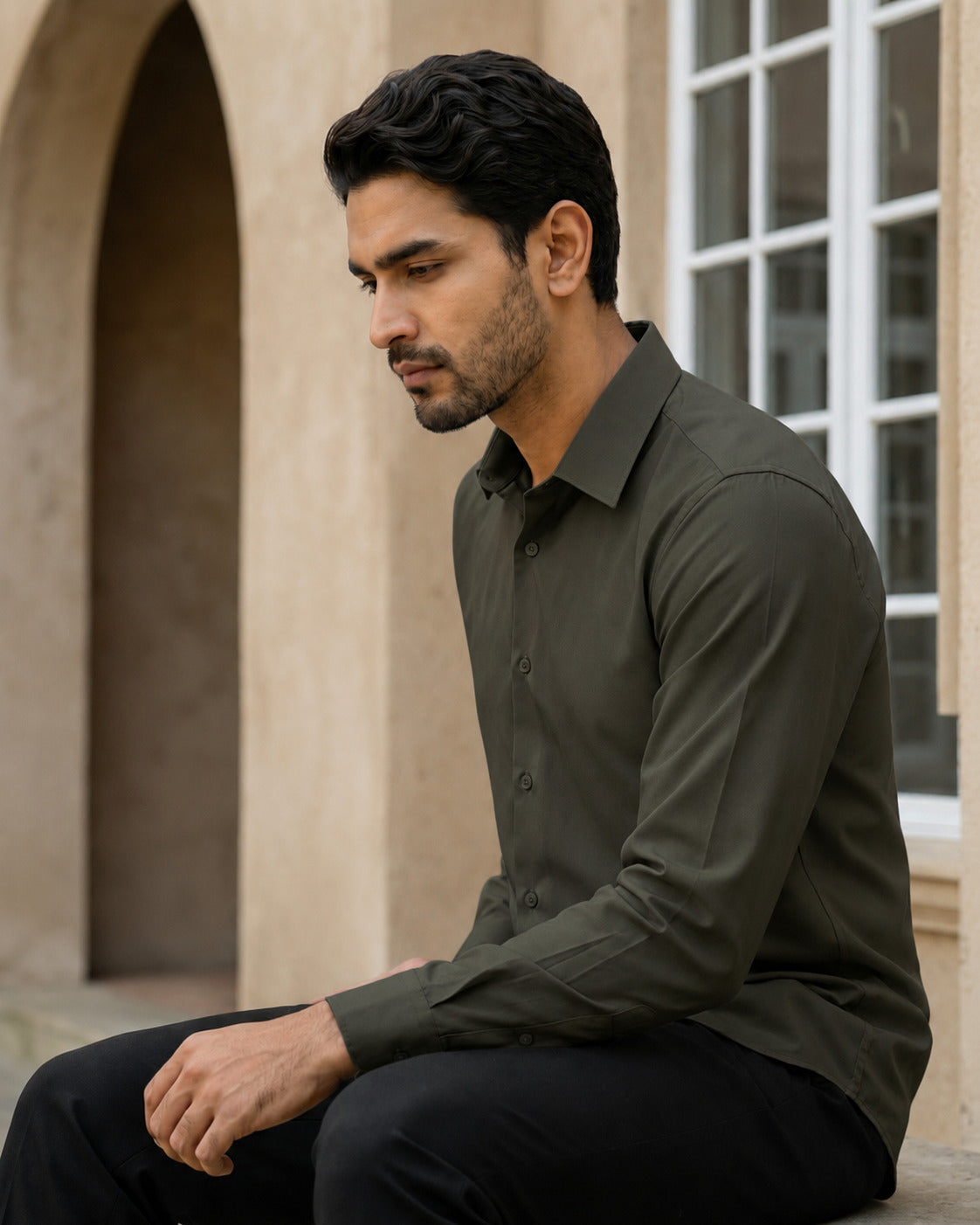 Subtract Men's Slim Fit Bonded Formal Shirt-Olive