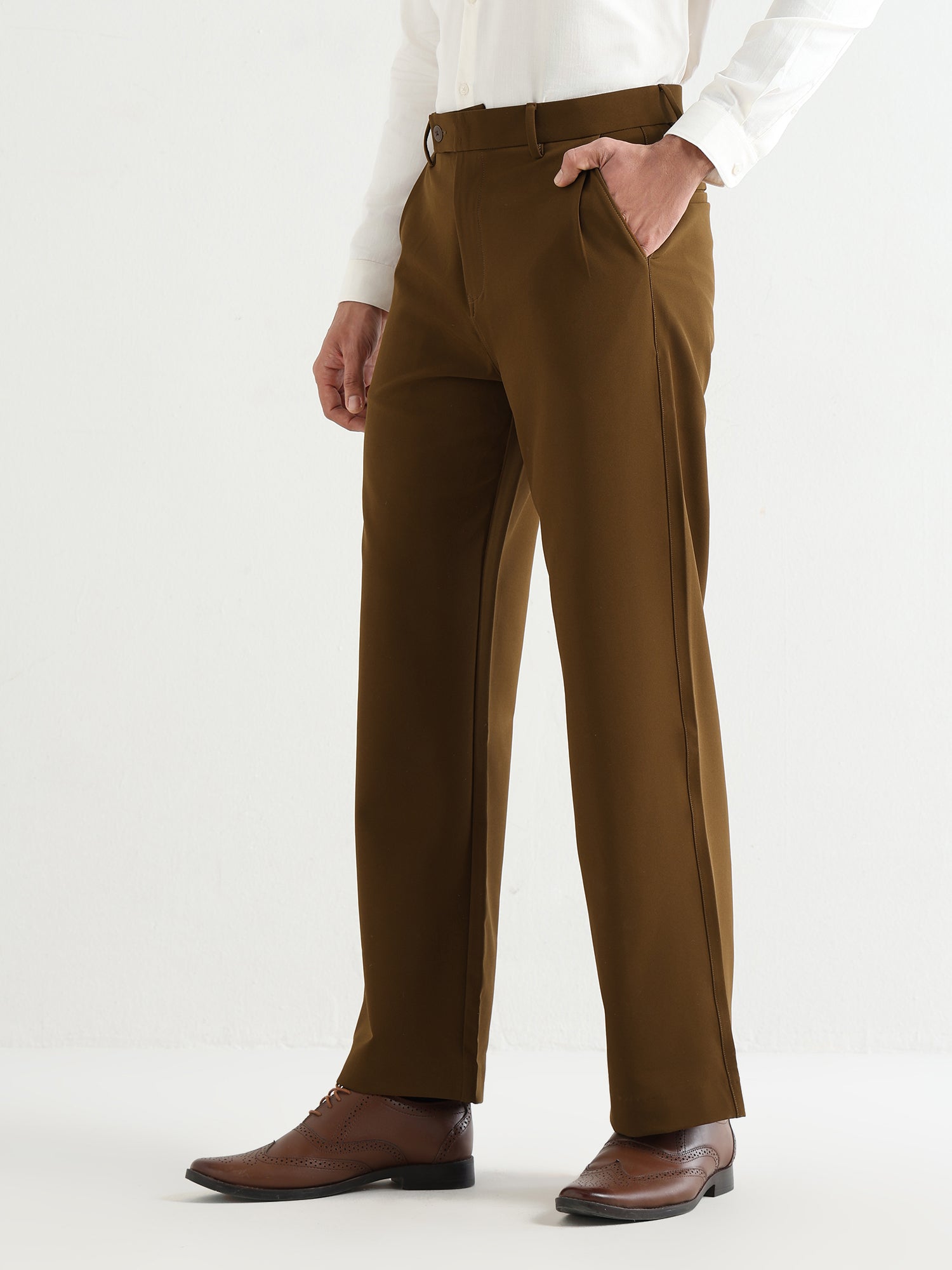 Japanese Poly-Lycra Pleated Wide Leg Trousers in Brown