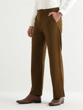 Japanese Poly-Lycra Pleated Wide Leg Trousers in Brown