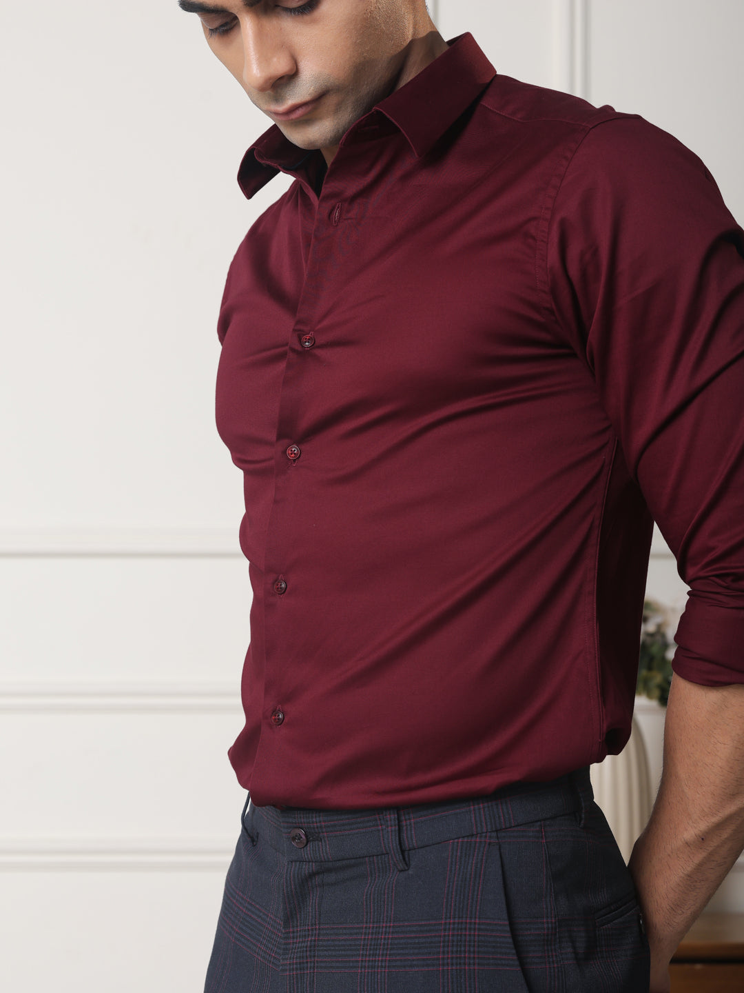 2 Way Stretch Satin Shirt in Maroon
