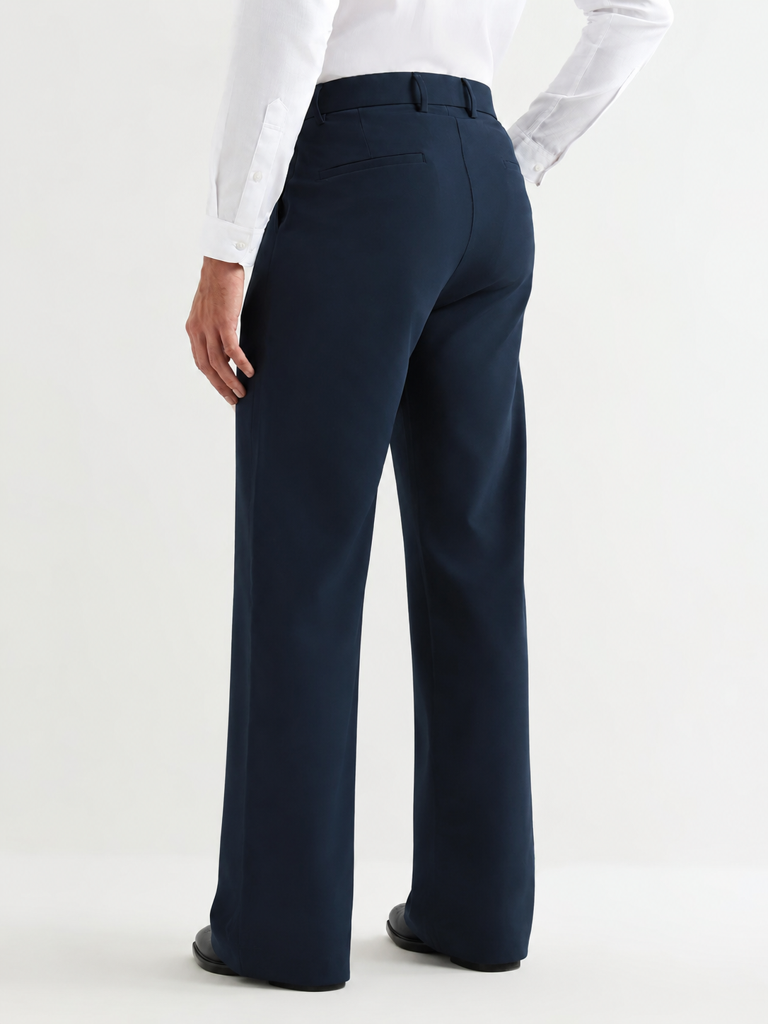 Japanese 4-Way Stretch Pleated Wide Leg Trousers in Navy Blue