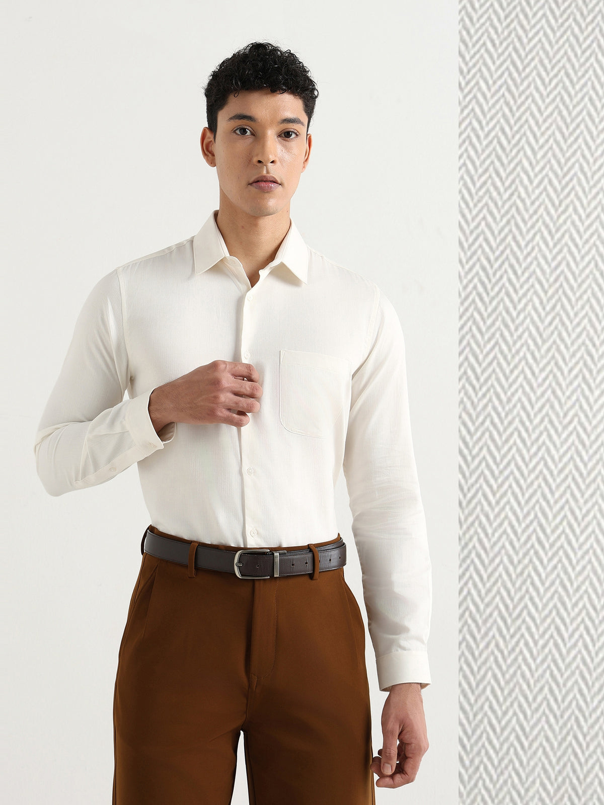 Herringbone Easy-Iron Formal Shirt in Ivory Cream