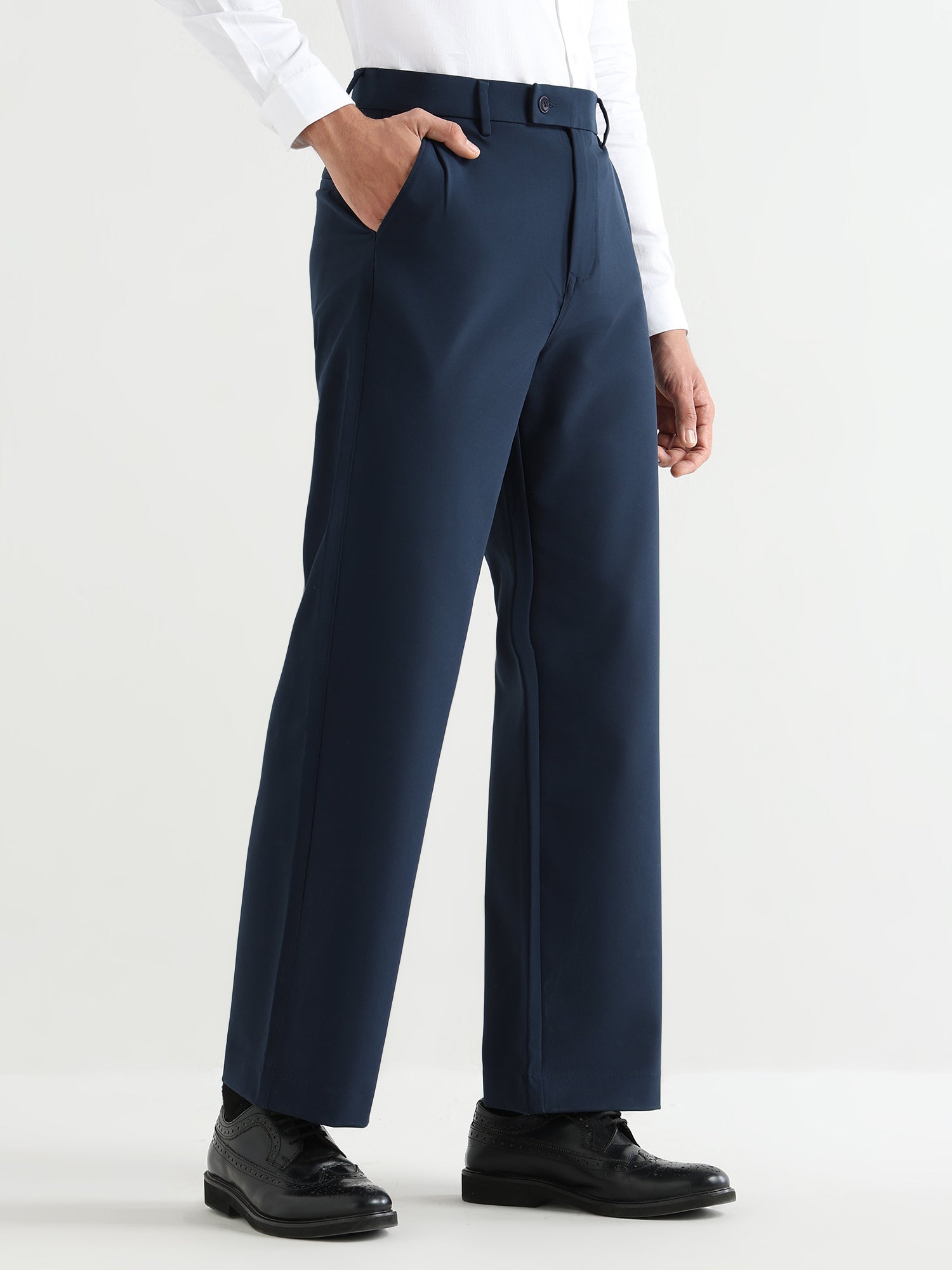 Japanese Poly-Lycra Pleated Wide Leg Trousers in Navy Blue
