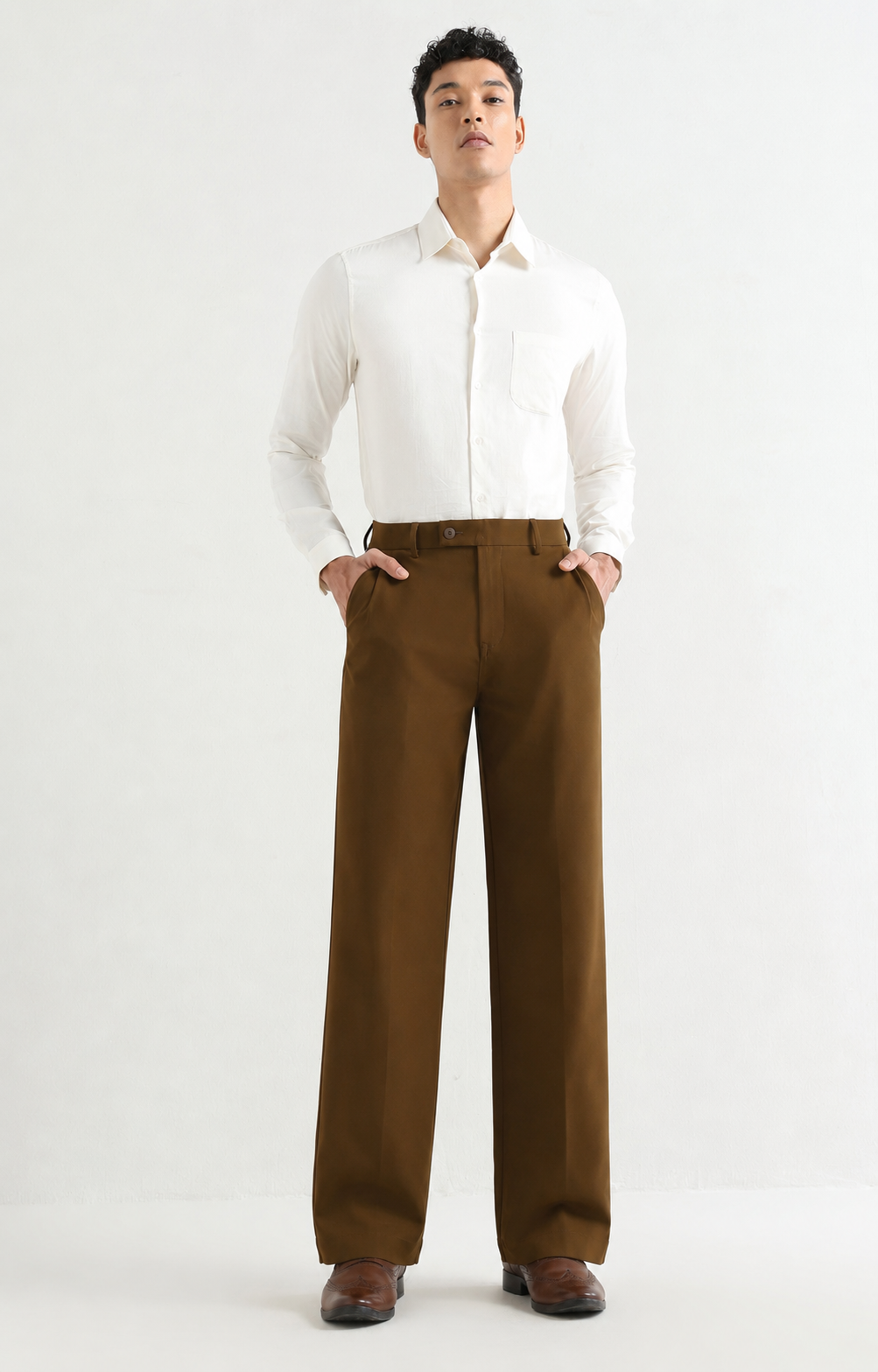 Japanese 4-Way Stretch Pleated Wide Leg Trousers in Brown