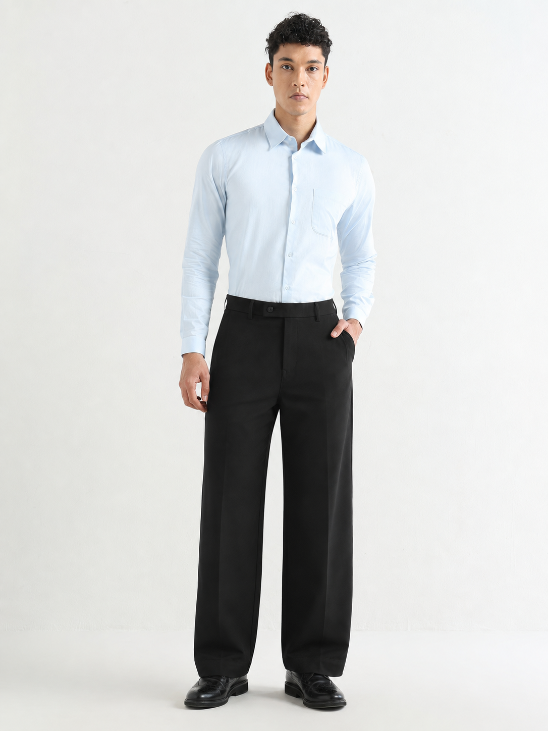 Japanese 4-Way Stretch Pleated Wide Leg Trousers in Black