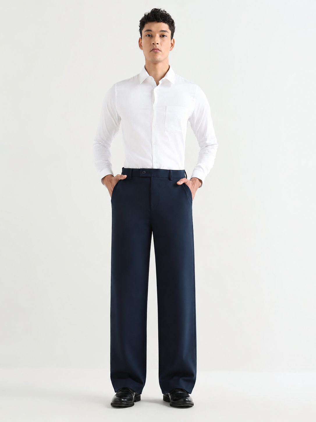Japanese 4-Way Stretch Pleated Wide Leg Trousers in Navy Blue