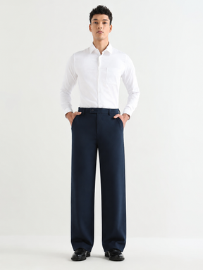 Japanese 4-Way Stretch Pleated Wide Leg Trousers in Navy Blue