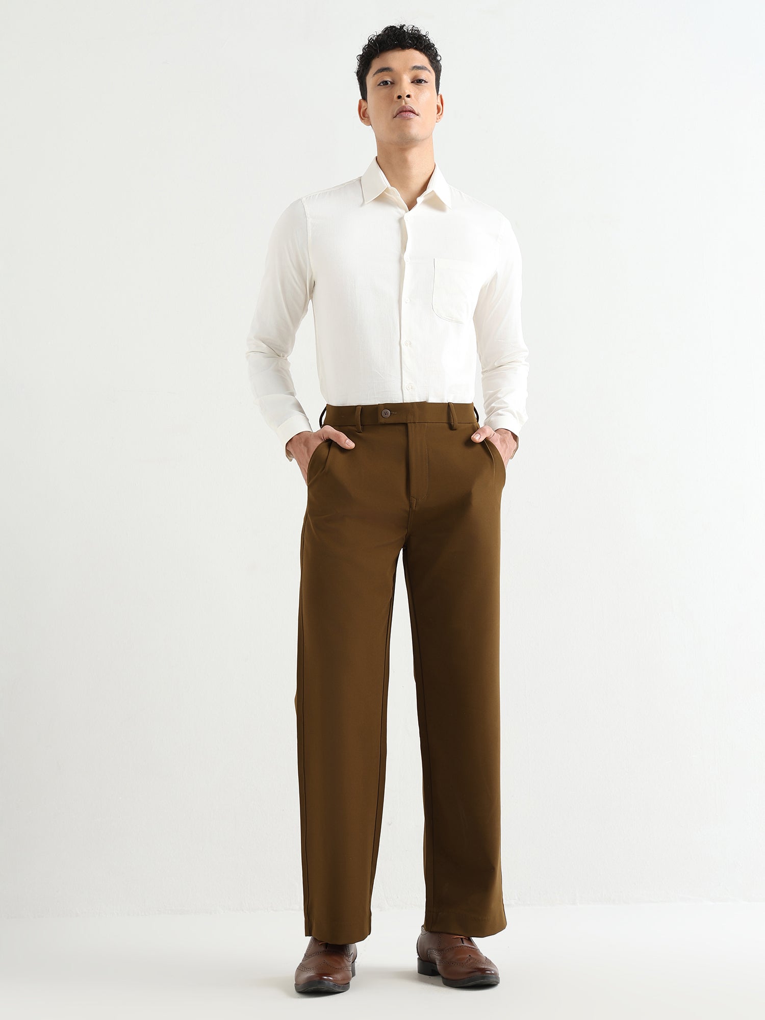 Japanese Poly-Lycra Pleated Wide Leg Trousers in Brown
