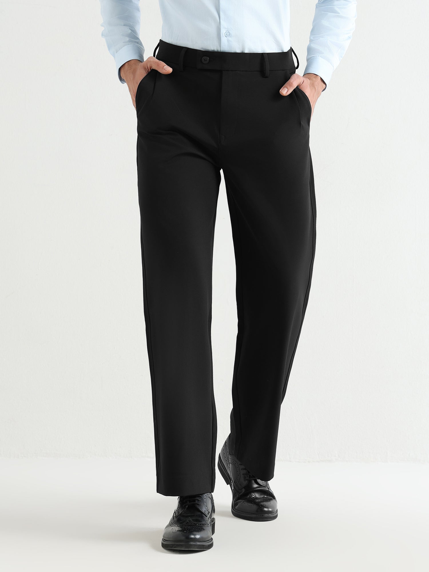 Japanese Poly-Lycra Pleated Wide Leg Trousers in Black