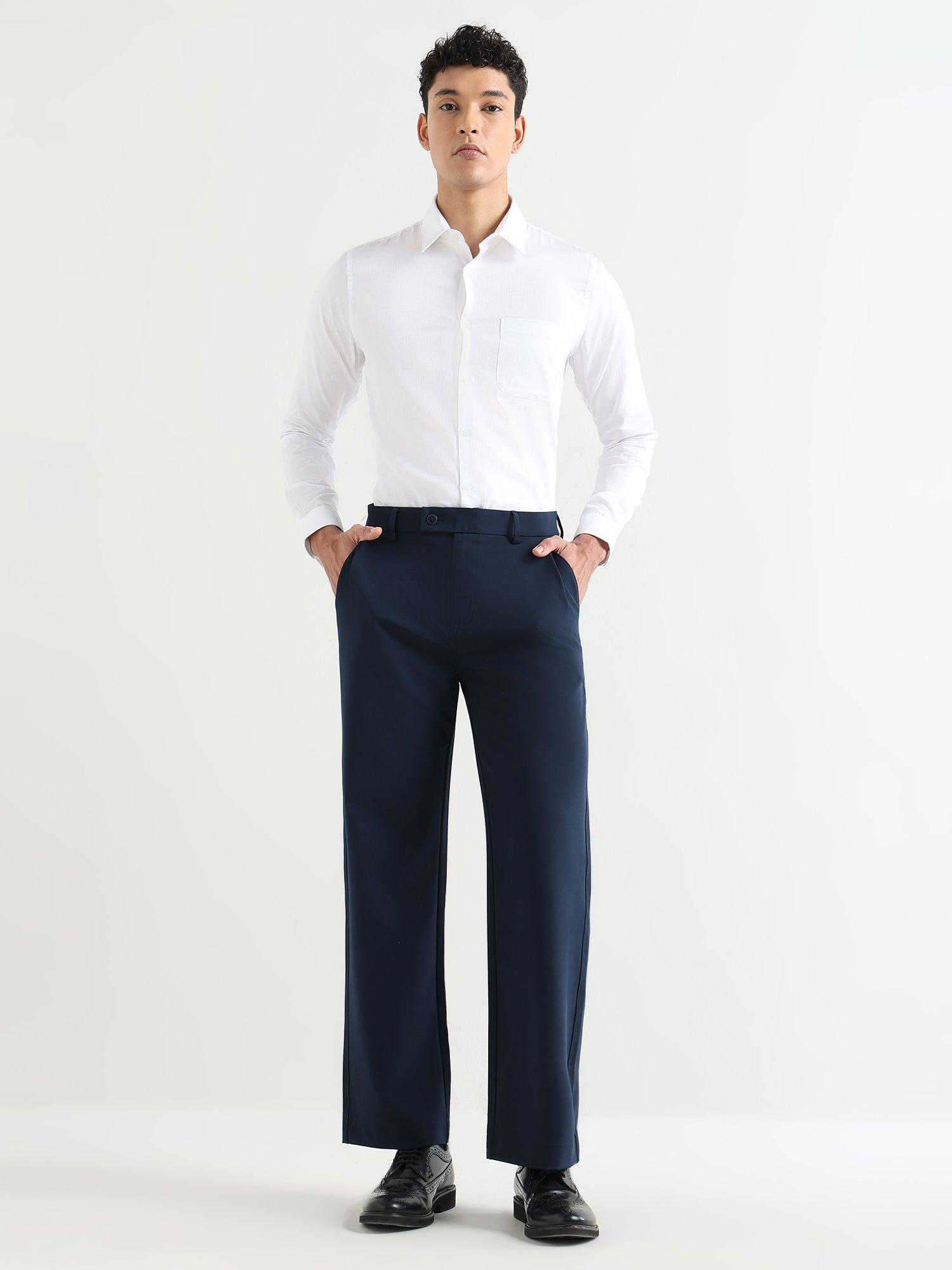 Japanese Poly-Lycra Pleated Wide Leg Trousers in Navy Blue