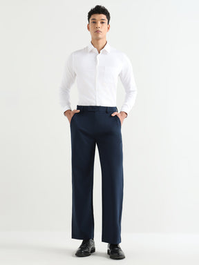 Japanese Poly-Lycra Pleated Wide Leg Trousers in Navy Blue
