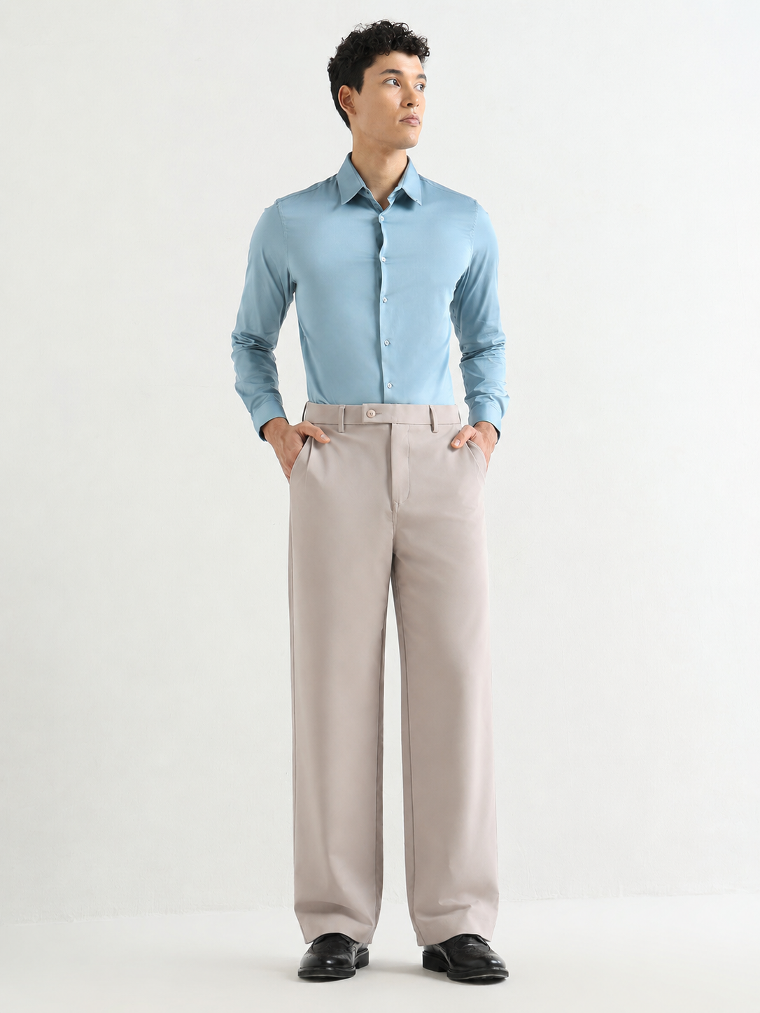 Japanese 4-Way Stretch Pleated Wide Leg Trousers in Grey