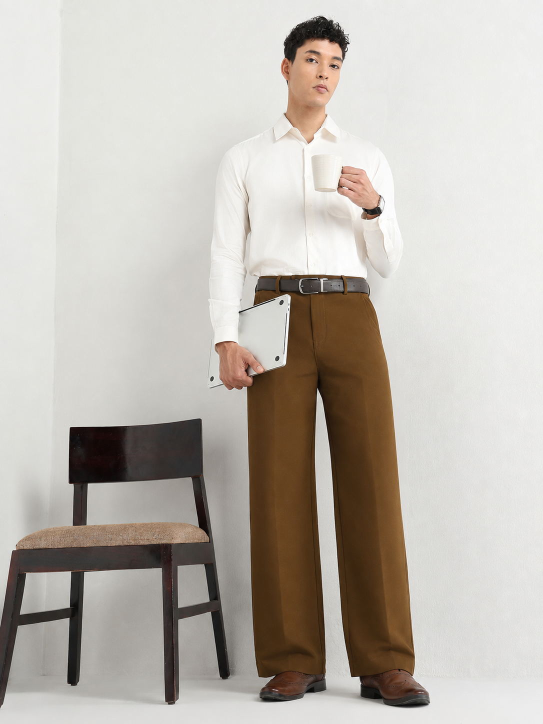 Japanese Poly-Lycra Pleated Wide Leg Trousers in Brown