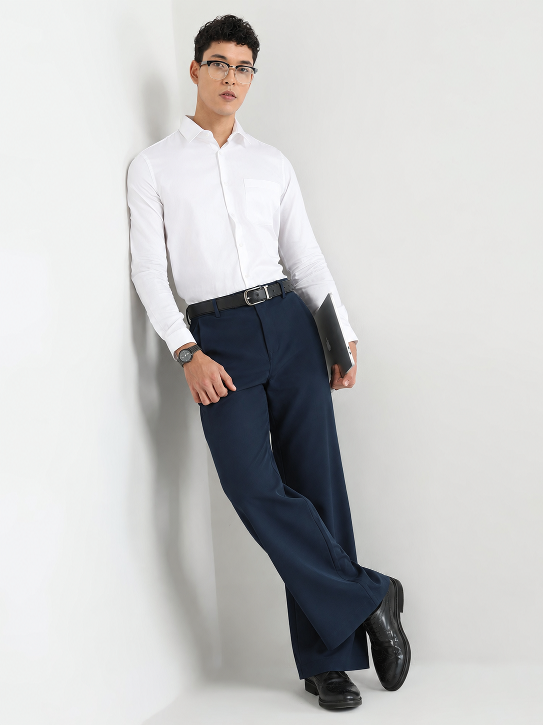 Japanese 4-Way Stretch Pleated Wide Leg Trousers in Navy Blue