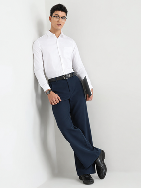 Japanese 4-Way Stretch Pleated Wide Leg Trousers in Navy Blue