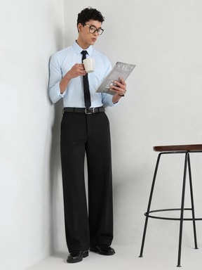 Japanese 4-Way Stretch Pleated Wide Leg Trousers in Black