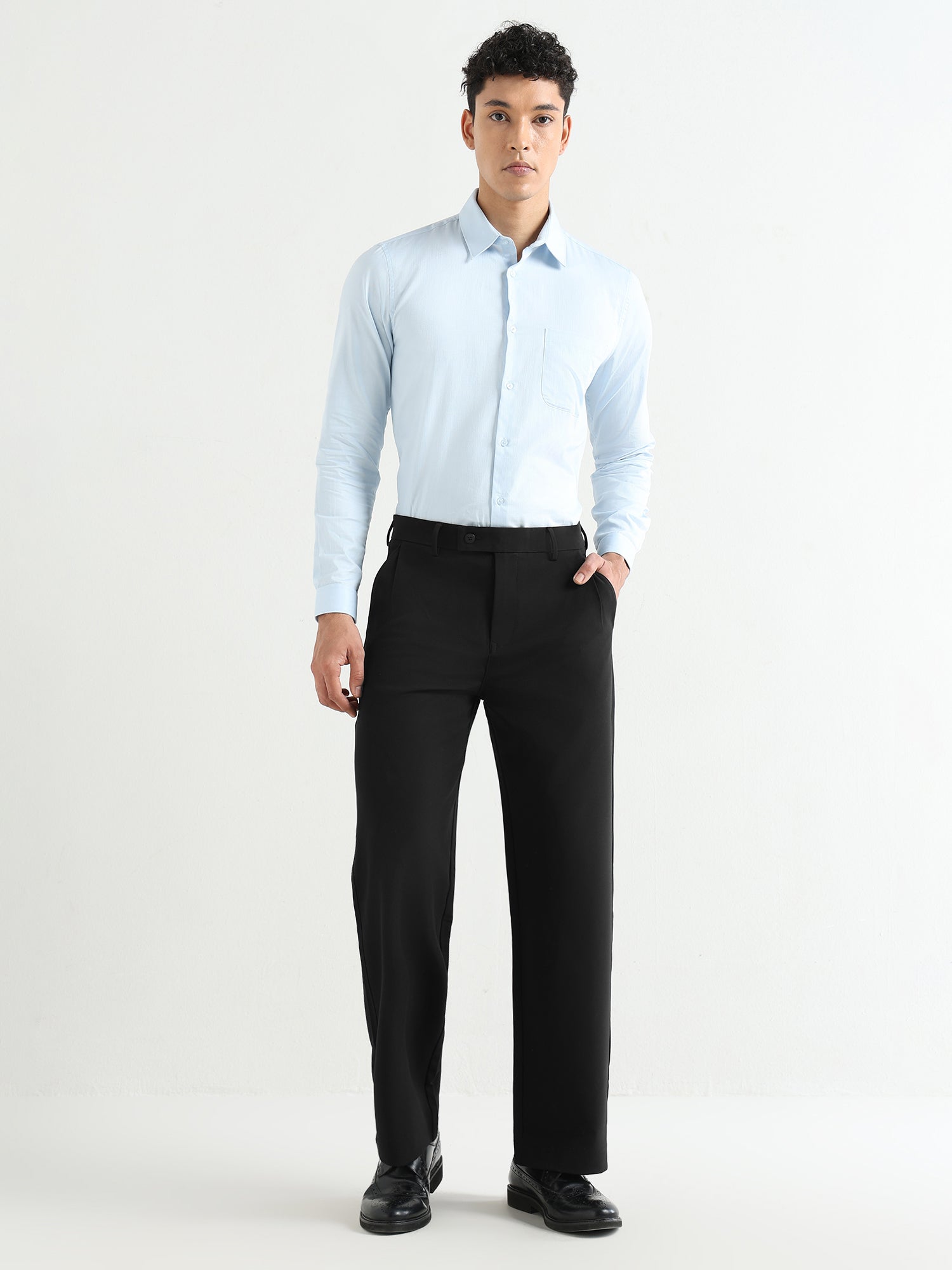 Japanese Poly-Lycra Pleated Wide Leg Trousers in Black