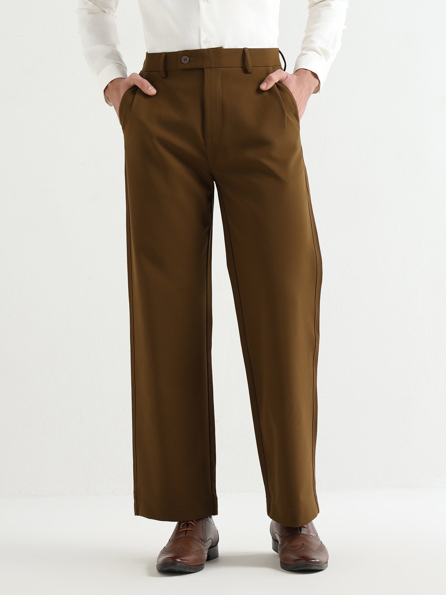 Japanese Poly-Lycra Pleated Wide Leg Trousers in Brown