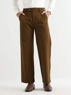 Japanese Poly-Lycra Pleated Wide Leg Trousers in Brown
