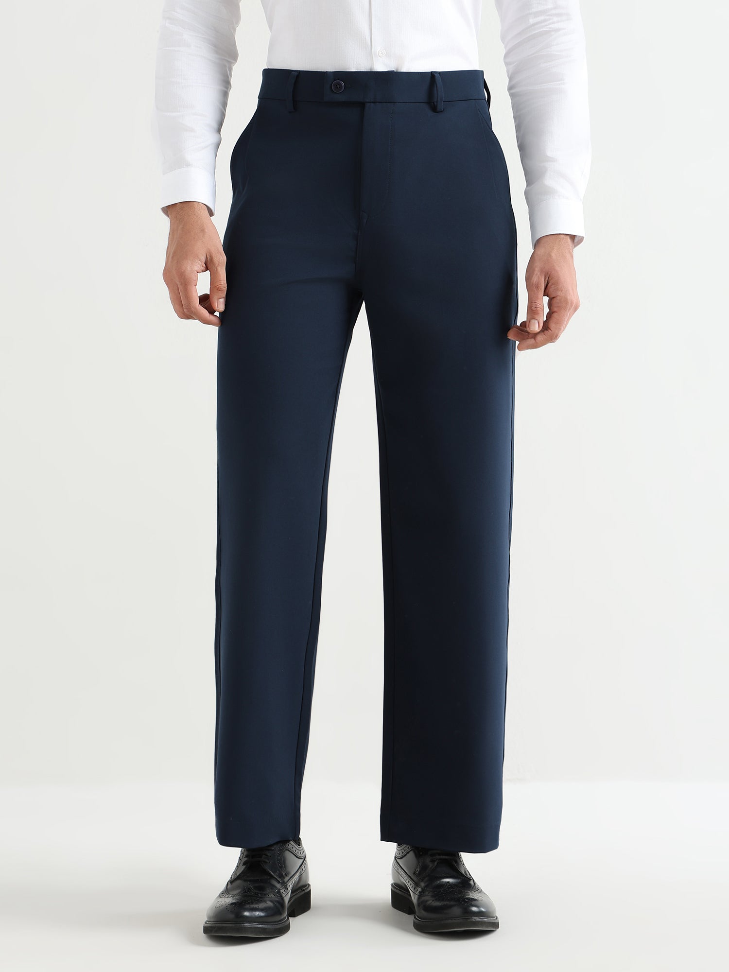 Japanese Poly-Lycra Pleated Wide Leg Trousers in Navy Blue